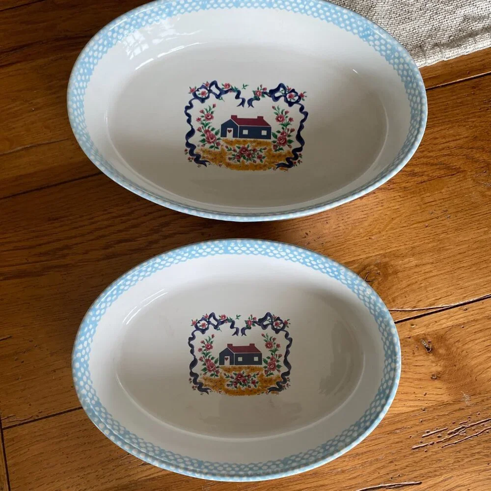2 Teamson 1995 pottery vintage light blue and white stoneware casserole dishes